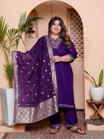 Thumbnail for Miravan Women's Plus Size Purple Muslin Straight kurta and palazzo with dupatta Suit set - Distacart