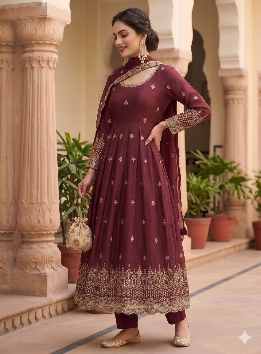 Teeya Creation Womens New Regal Maroon Embroidered Anarkali Gown Set - Dista