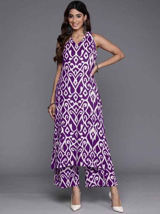 Varanga Women Purple Ikat Printed Straight Kurta With Palazzo - Distacart