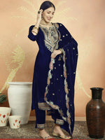 Thumbnail for Aastha Fashion Women's Navy Blue Velvet Cording with Resham Thread & Sequin Kurta with Trouser & Dupatta - Distacart