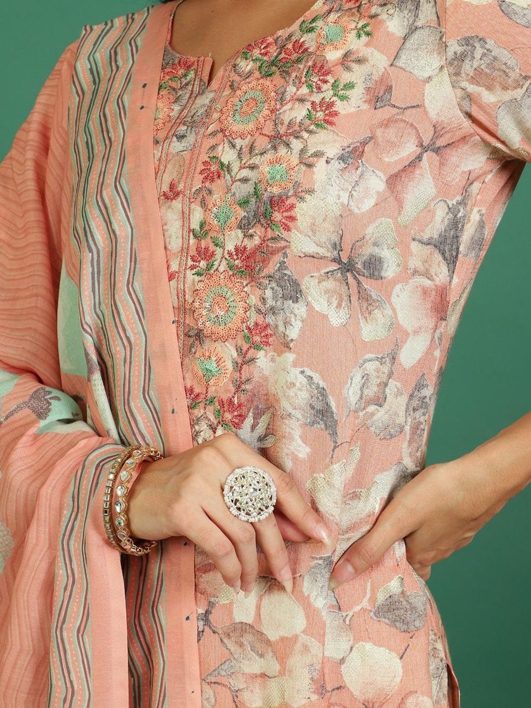 Sangria Printed Round- Neck Kurta & Trousers With Dupatta - Distacart