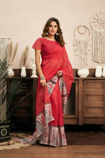 Thumbnail for Vastranavya Red Digital Printed Linen Ready To Wear Designer Saree with Unstitched Blouse - Distacart