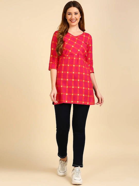 Anubhutee Magenta & Orange Checked Angrakha Kurti - Distacart