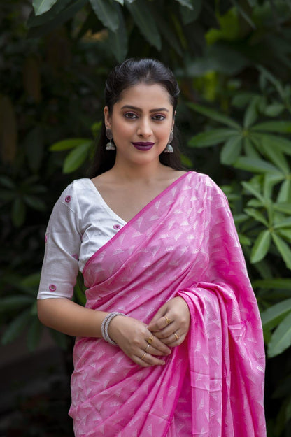 Pink Poly Georgette Woven Design Saree with Unstitched Blouse - A2M - Distacart