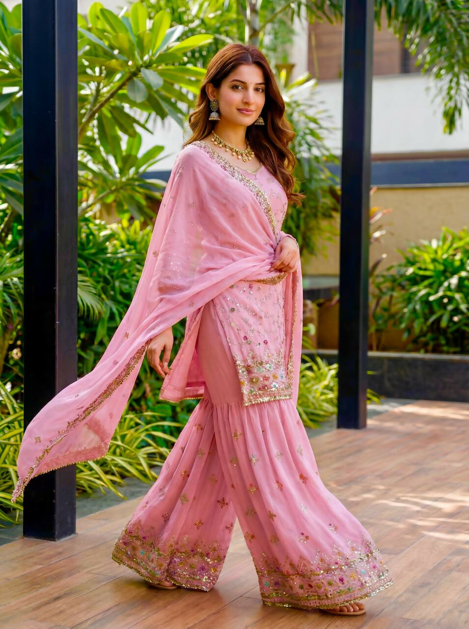 Teeya Creation Pink Faux Georgette Multi Thread Work Wedding Wear Sharara Set - Distacart