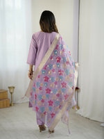 Thumbnail for The52 Lavender Women's Gorgeous Embroidered work Viscose Gadhwal Fabric Straight Kurta, Pant and Dupatta Set - Distacart