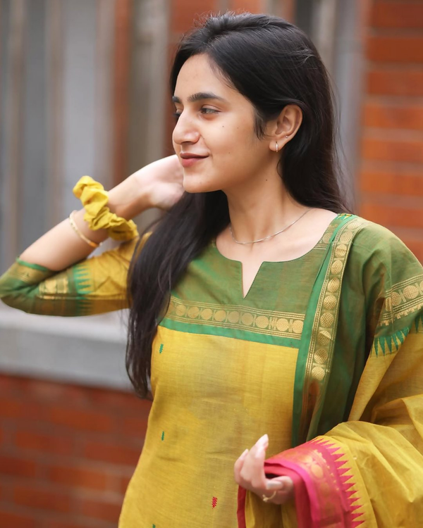 Divine Drape Women's Cotton Printed Straight Kurta With Dupatta - Yellow
