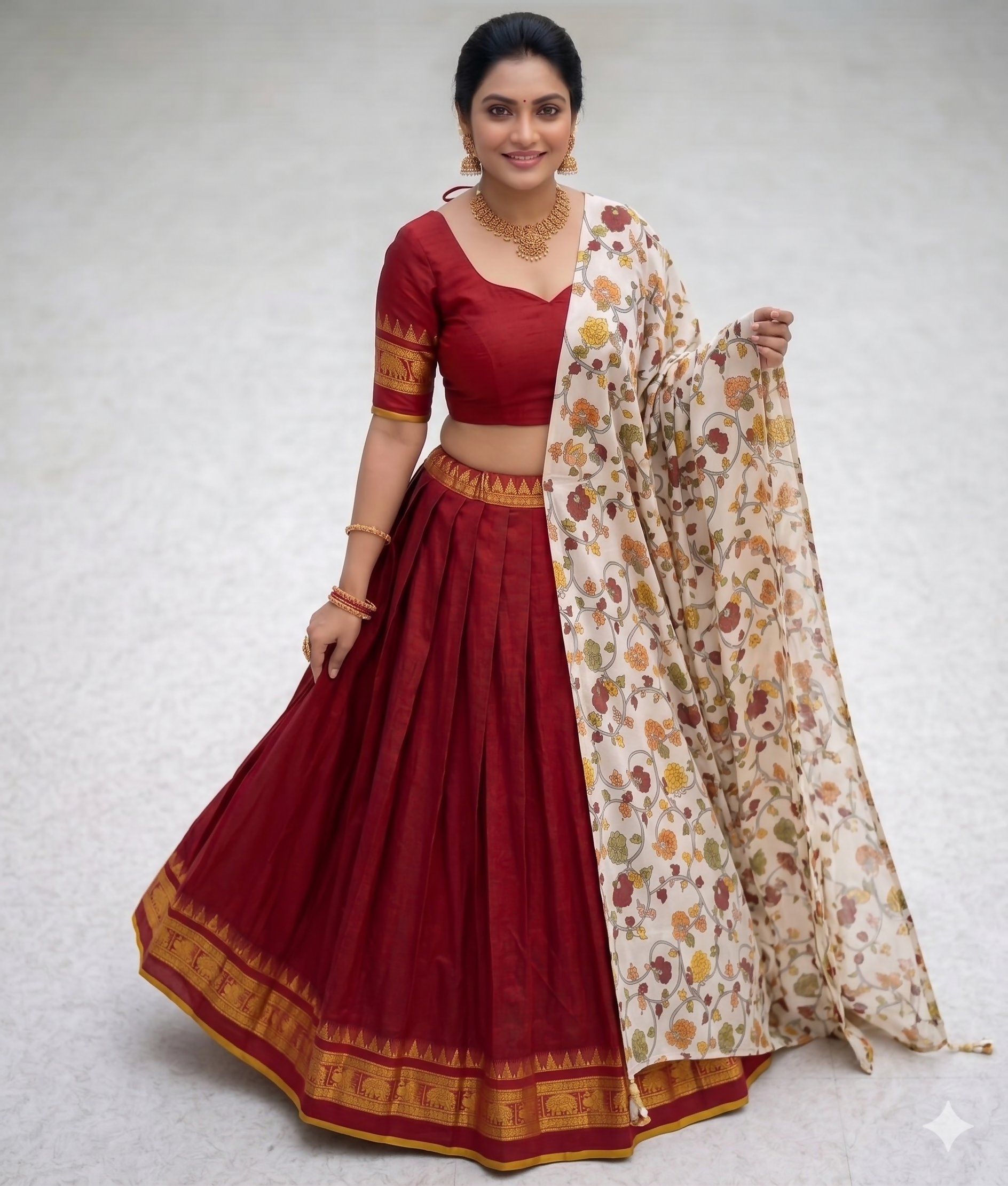 Teeya Creation Womens New Trendy Red Traditional Pleated Lehenga Choli Set with Floral Printed Dupatta and Contrast Zari Border Set - Dista