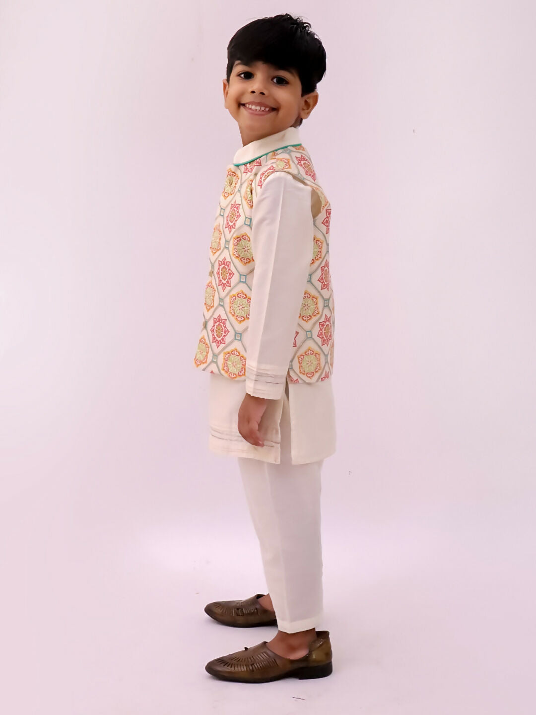 Lil Drama Mishti White Kurta Pyjama and Jacket For Boys