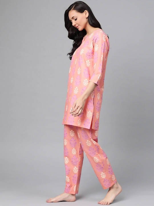 Anubhutee Peach-Coloured & Purple Printed Cotton Night suit - Distacart