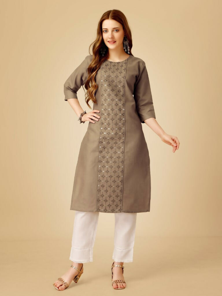 Jyoti Fashion Women's Khaki Cotton Blend Embroidered Kurta Pant Set - Distacart