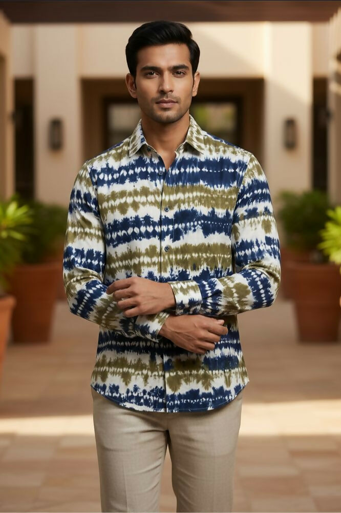 Grove — Olive Indigo Shibori Cotton Shirt by Hilo Design - Dista