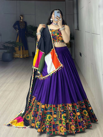 Yash Enterprise Purple Rayon Cotton Embroidery Semi Stitched Navratri Chaniya Choli - Dista