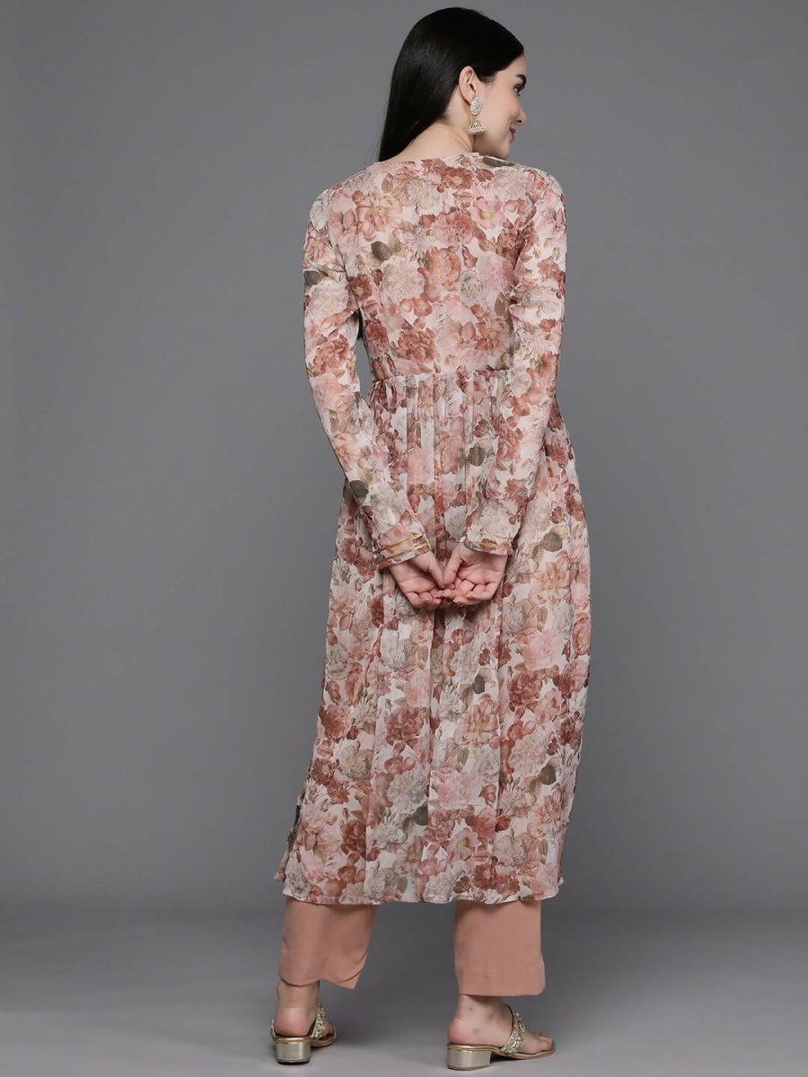 Ahalyaa Women Floral Printed Pleated Gotta Patti Kurta with Trousers - Brown Color - Distacart