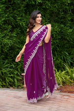 Thumbnail for Vastranavya Purple Embroidery Work Shimmer Chiffon Saree with Unstitched Blouse