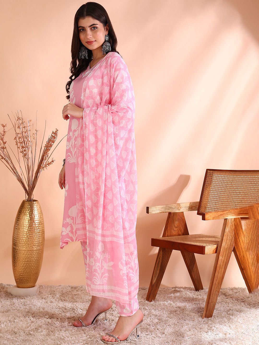 Ode by House of Pataudi Printed Thread Work Pure Cotton Kurta With Trousers & Dupatta - Distacart