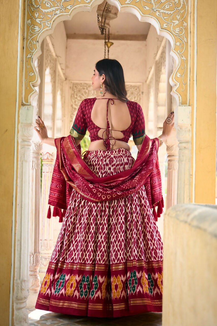 Vastranavya Designer Ikkat Print With Foil Work Lehenga Choli - Maroon - Distacart
