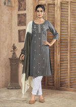 Thumbnail for Jyoti Fashion Women's Grey Pure Viscose Weaving Stripe with Embroidery Kurta Set - Distacart