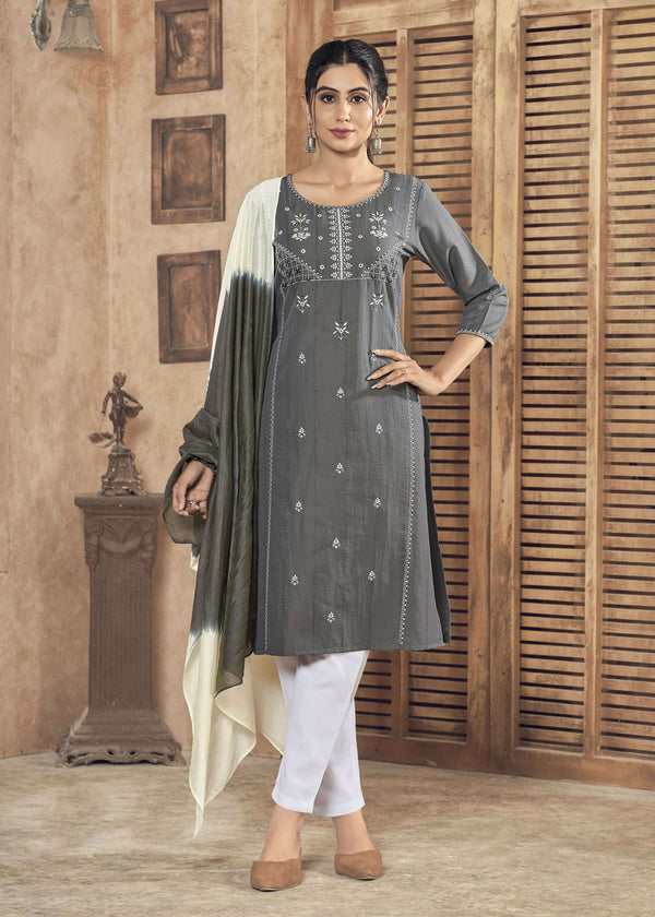 Jyoti Fashion Women's Grey Pure Viscose Weaving Stripe with Embroidery Kurta Set - Distacart