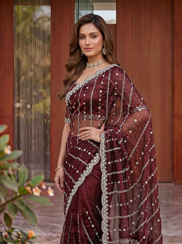 Lehenga Mart Designer Bollywood Style Party Wear Saree-Maroon - Dista