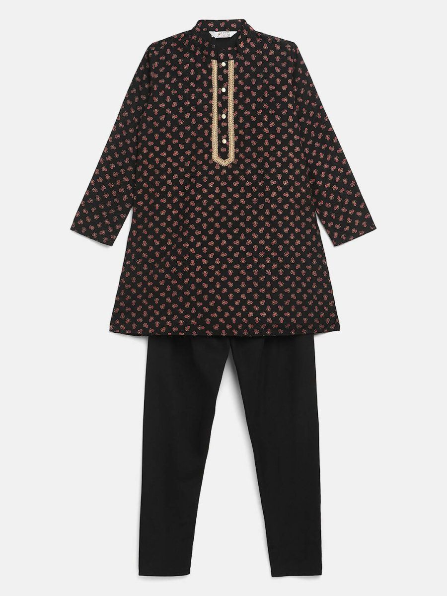 Ahalyaa Black Crepe Gold Pigment Print Kids Kurta Churidar Set For Boys - Distacart