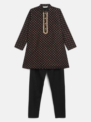 Ahalyaa Black Crepe Gold Pigment Print Kids Kurta Churidar Set For Boys - Distacart