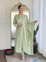Thumbnail for The52 Pista Women's Gorgeous Embroidered Vichitra Silk Fabric Flared Kurta Pant with Dupatta Set - Distacart