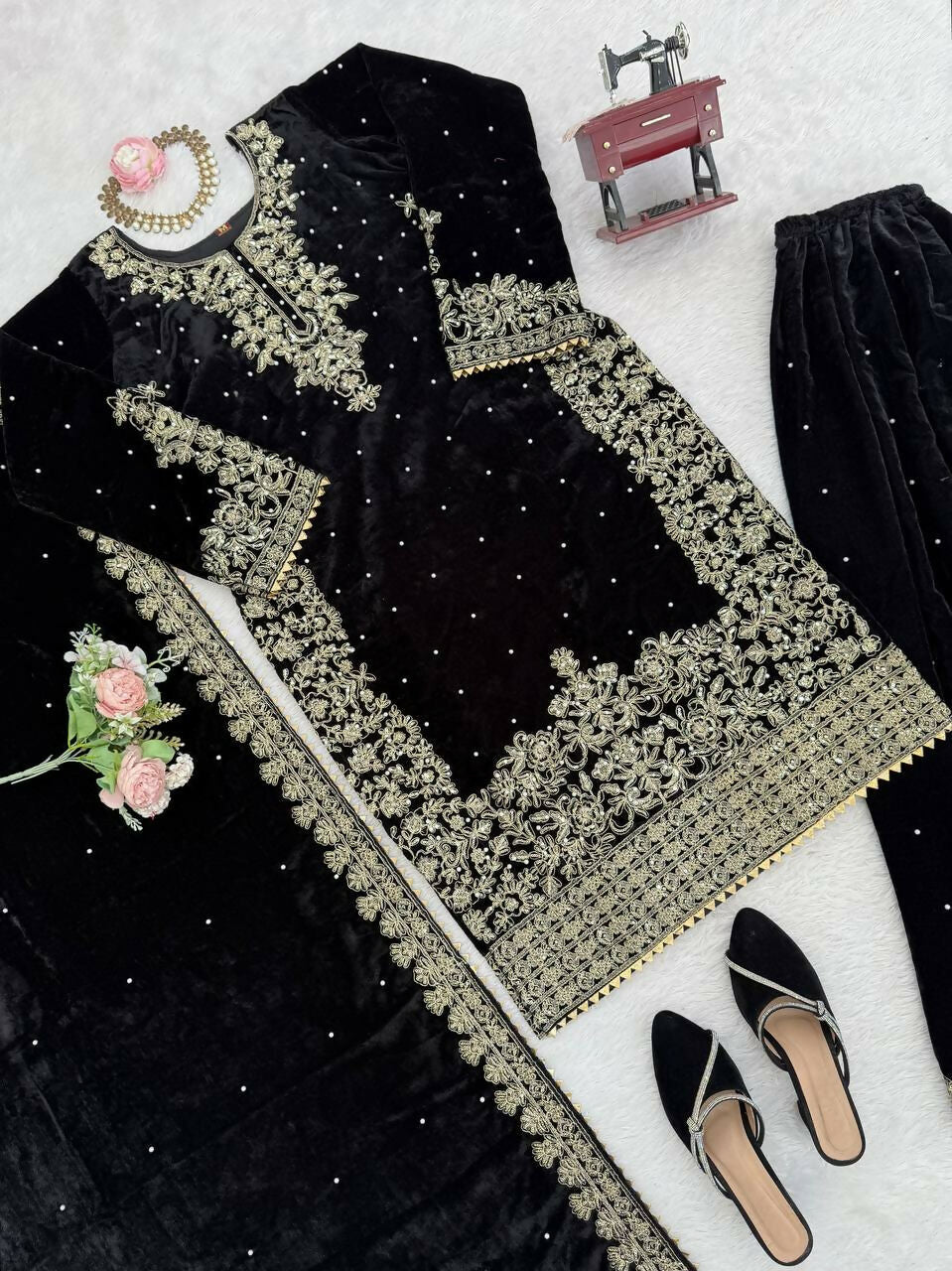 Vastranavya Black Viscose Velvet Cording Sequence With Moti Work Top-Bottom With Dupatta