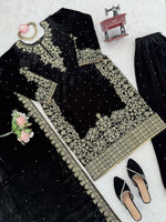 Thumbnail for Vastranavya Black Viscose Velvet Cording Sequence With Moti Work Top-Bottom With Dupatta