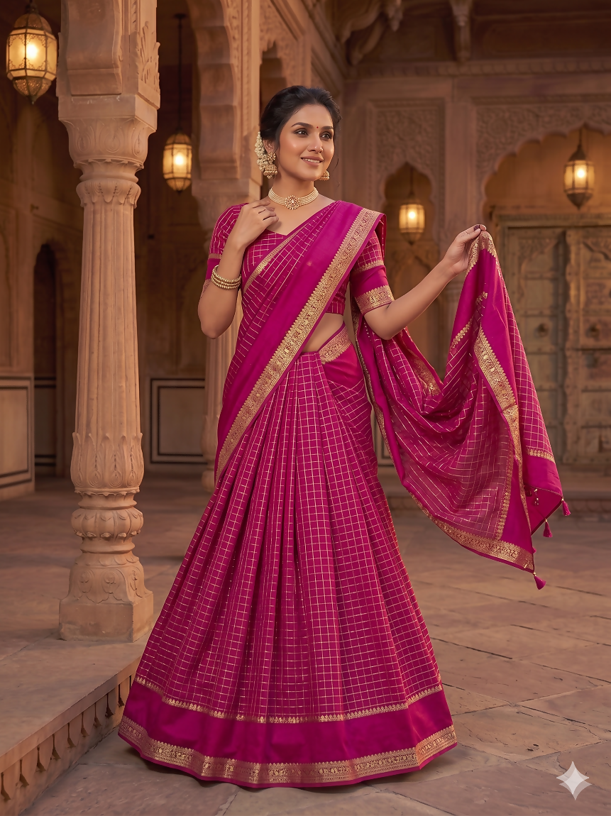 Teeya Creation New South Indian Silk Checked Half Saree Lehenga Choli with Zari Border-Rani-Pink - Dista