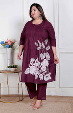 Thumbnail for Miravan Womens Plus Size Wine Floral Kurta With Palazzo - Distacart