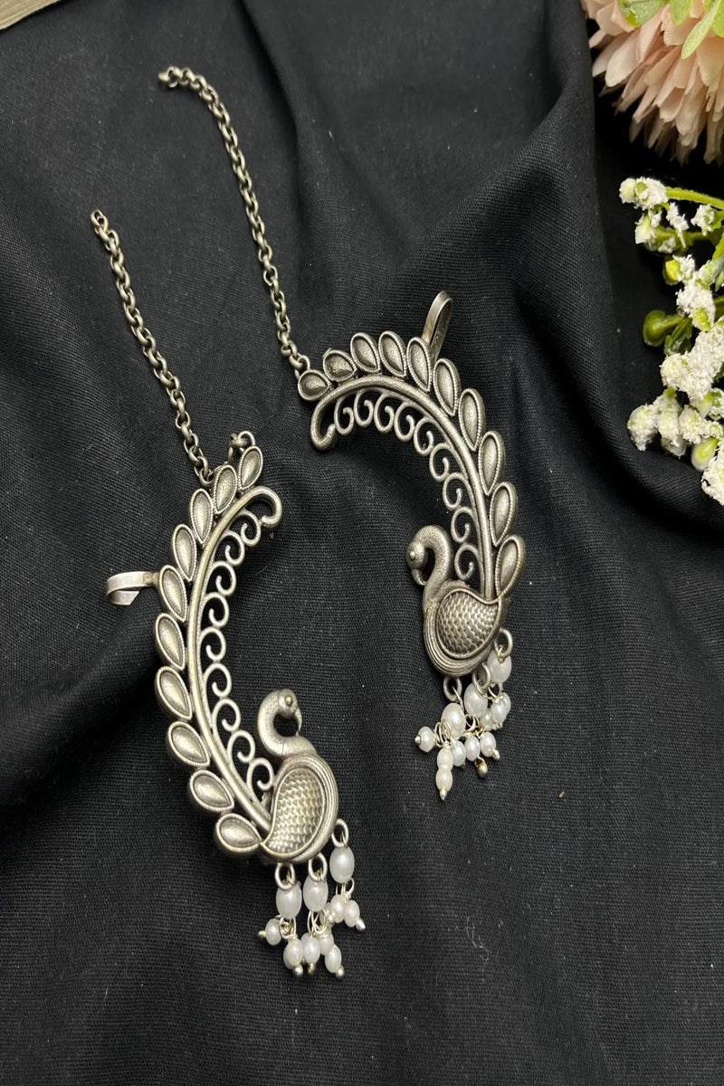 Vastrabhushan Peacock Ear Cuff Earrings Silver | Boho Ear Wrap | Statement Ear Climber with pearls - Dista