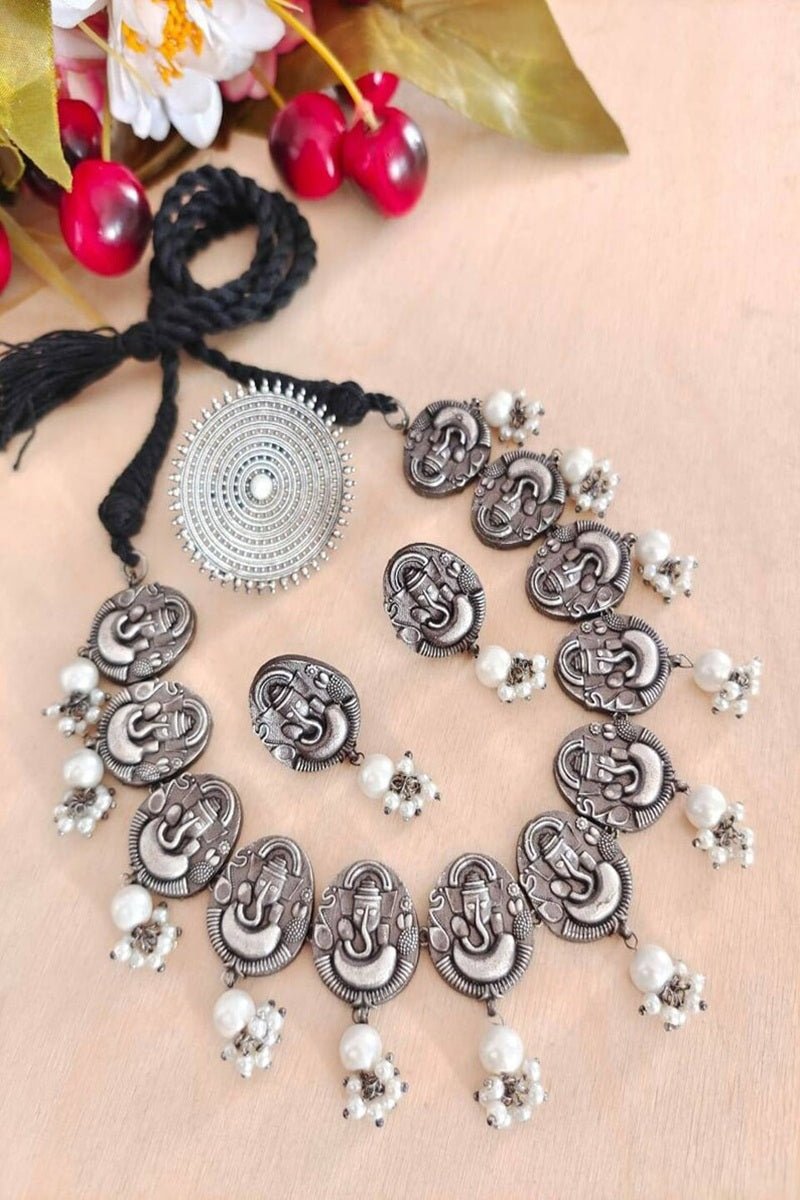 Vastrabhushan Oxidized Silver Ganesha Choker Set | Boho Pearl Statement Necklace - Dista