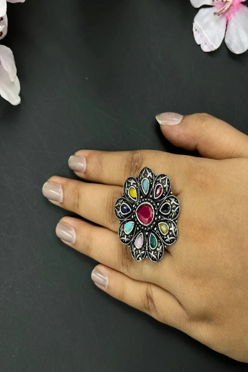 Vastrabhushan Oxidized Stone Ring: Indian Silver Plated Adjustable Ethnic Jewelry - Dista