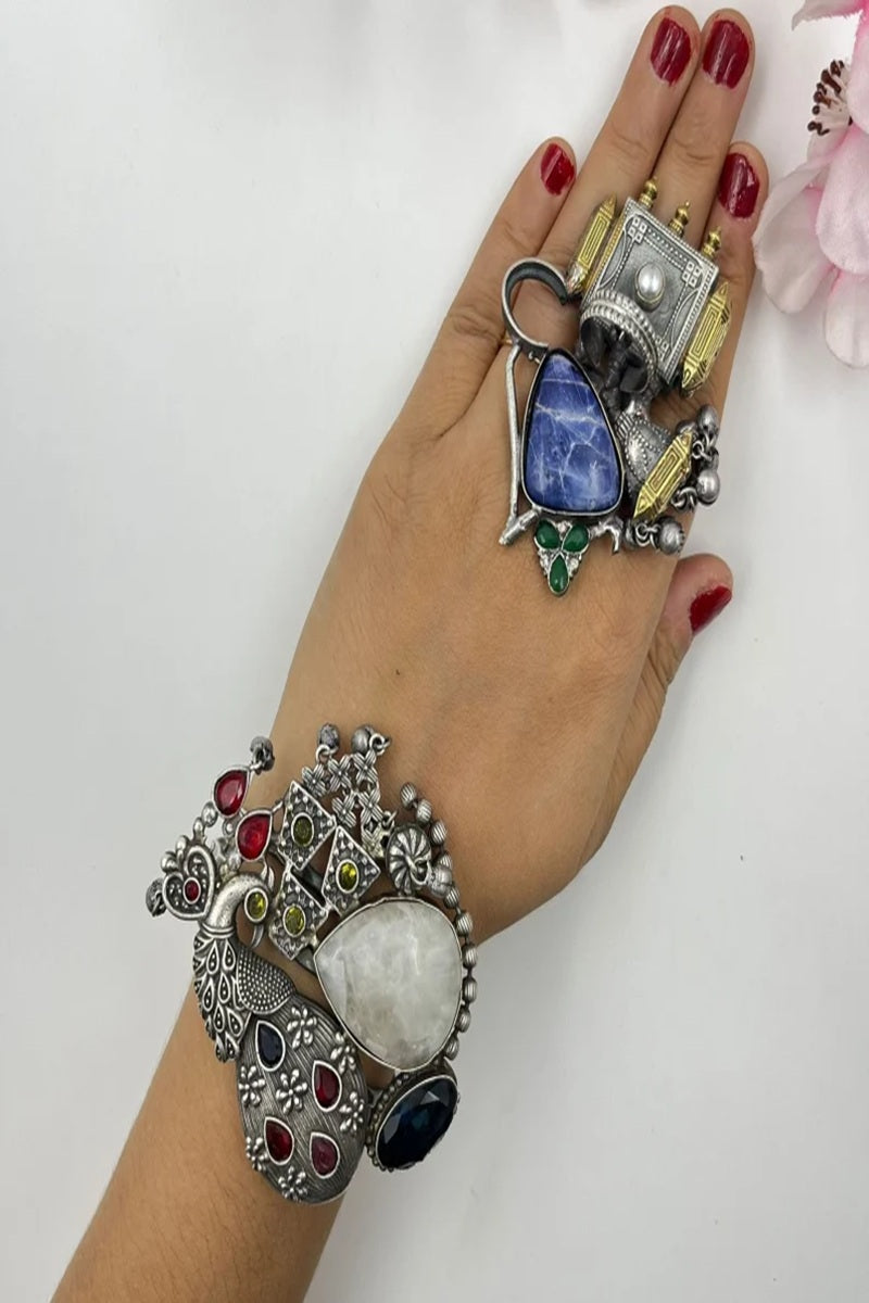Vastrabhushan Chunky Oxidized Silver Jewelry Set |Peacock Bracelet & Large Boho Statement Ring - Dista