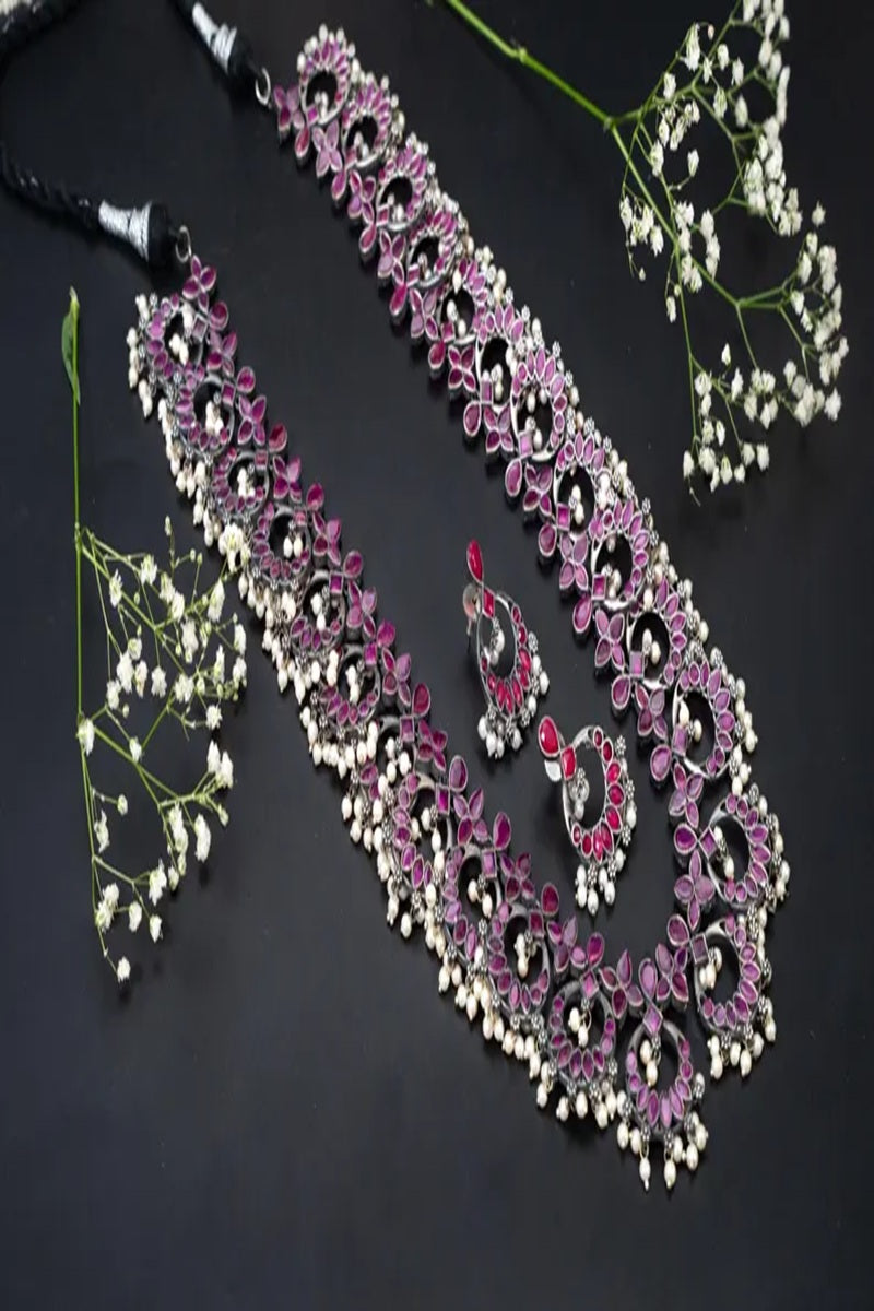 Vastrabhushan Oxidized Silver Pink Stone Long Necklace Set - Dista