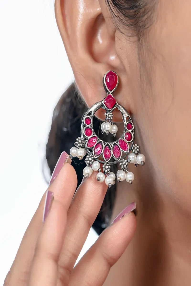 Vastrabhushan Oxidized Silver Pink Stone Long Necklace Set - Dista