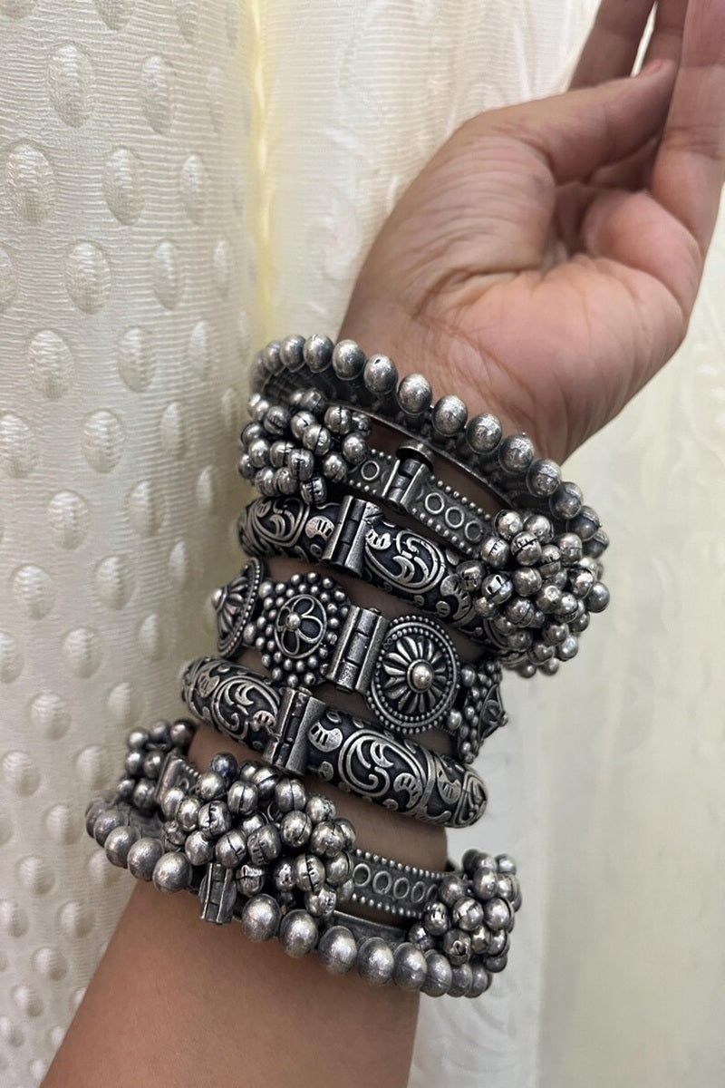 Vastrabhushan Boho Oxidized Silver Bangle Set of 7 | Tribal Chunky Bracelet Stack - Dista