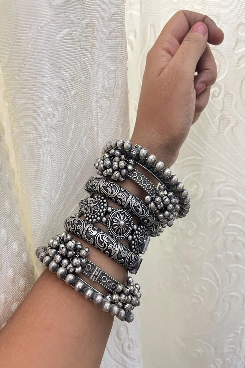 Vastrabhushan Boho Oxidized Silver Bangle Set of 7 | Tribal Chunky Bracelet Stack - Dista