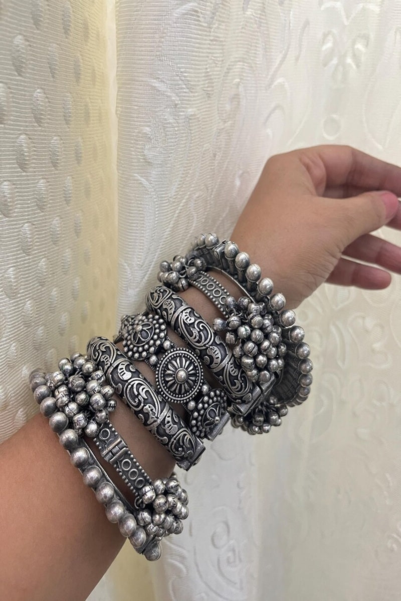 Vastrabhushan Boho Oxidized Silver Bangle Set of 7 | Tribal Chunky Bracelet Stack - Dista
