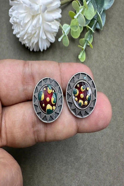Vastrabhushan Hand Painted Oxidized Silver Stud Earrings, Colorful Boho Enamel Circle Studs - Dista