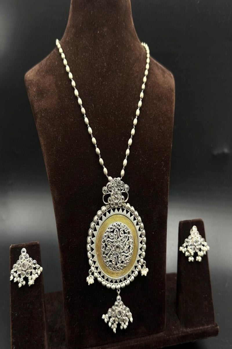 Vastrabhushan Handmade Oxidized Silver Necklace Set with Large Statement Pendant - Dista