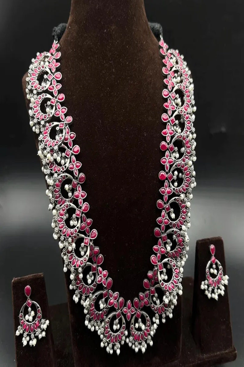 Vastrabhushan Oxidized Silver Pink Stone Long Necklace Set - Dista