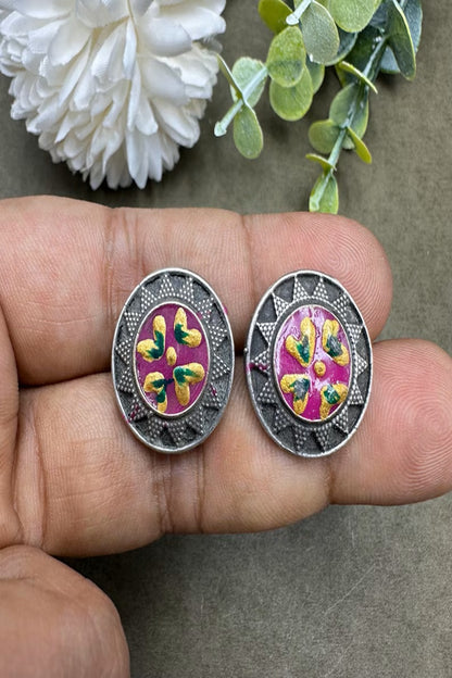 Vastrabhushan Hand Painted Oxidized Silver Stud Earrings, Colorful Boho Enamel Circle Studs - Dista