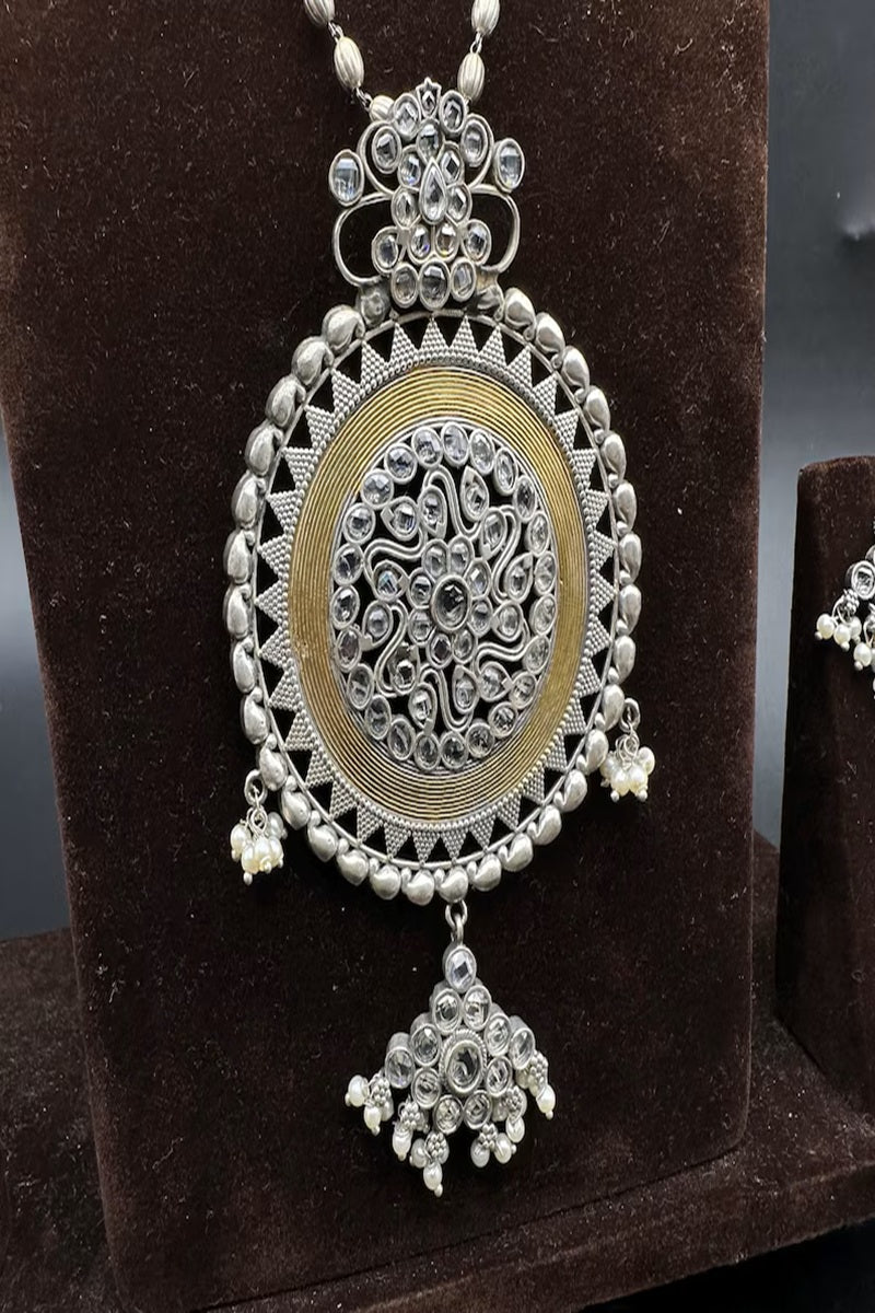 Vastrabhushan Handmade Oxidized Silver Necklace Set with Large Statement Pendant - Dista