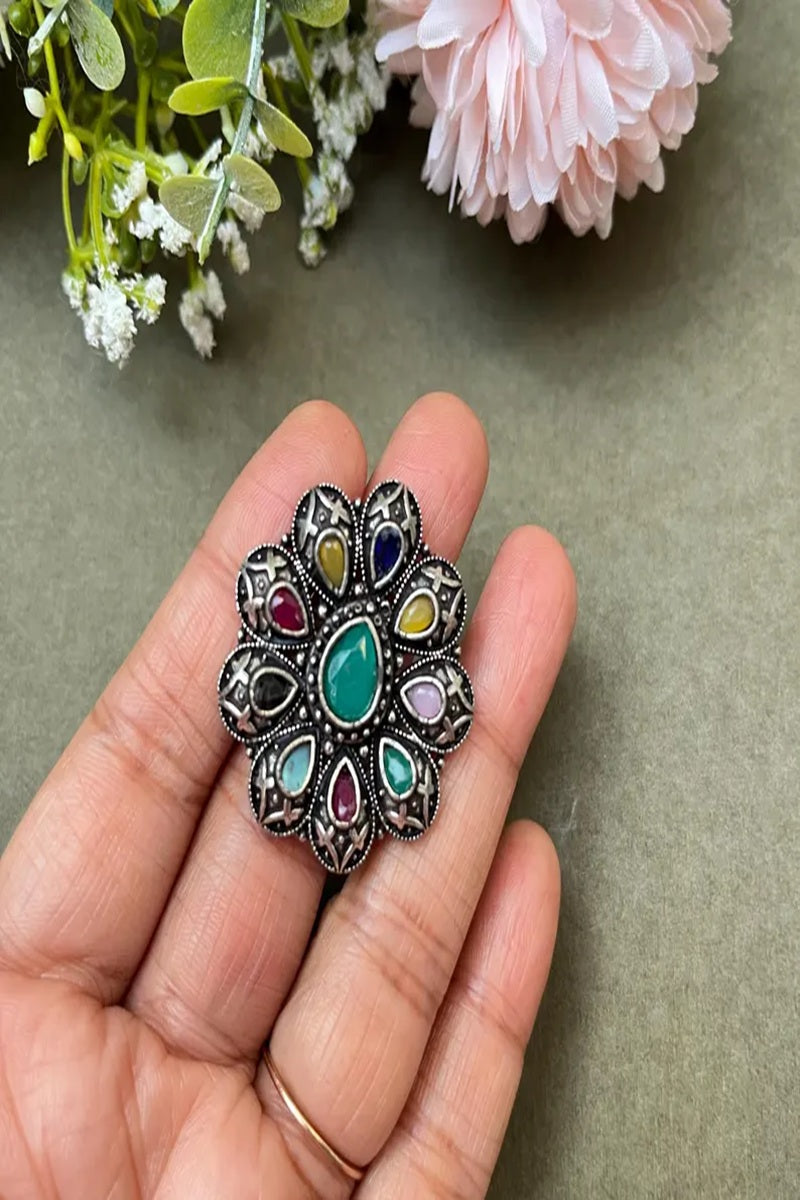 Vastrabhushan Oxidized Stone Ring: Indian Silver Plated Adjustable Ethnic Jewelry - Dista