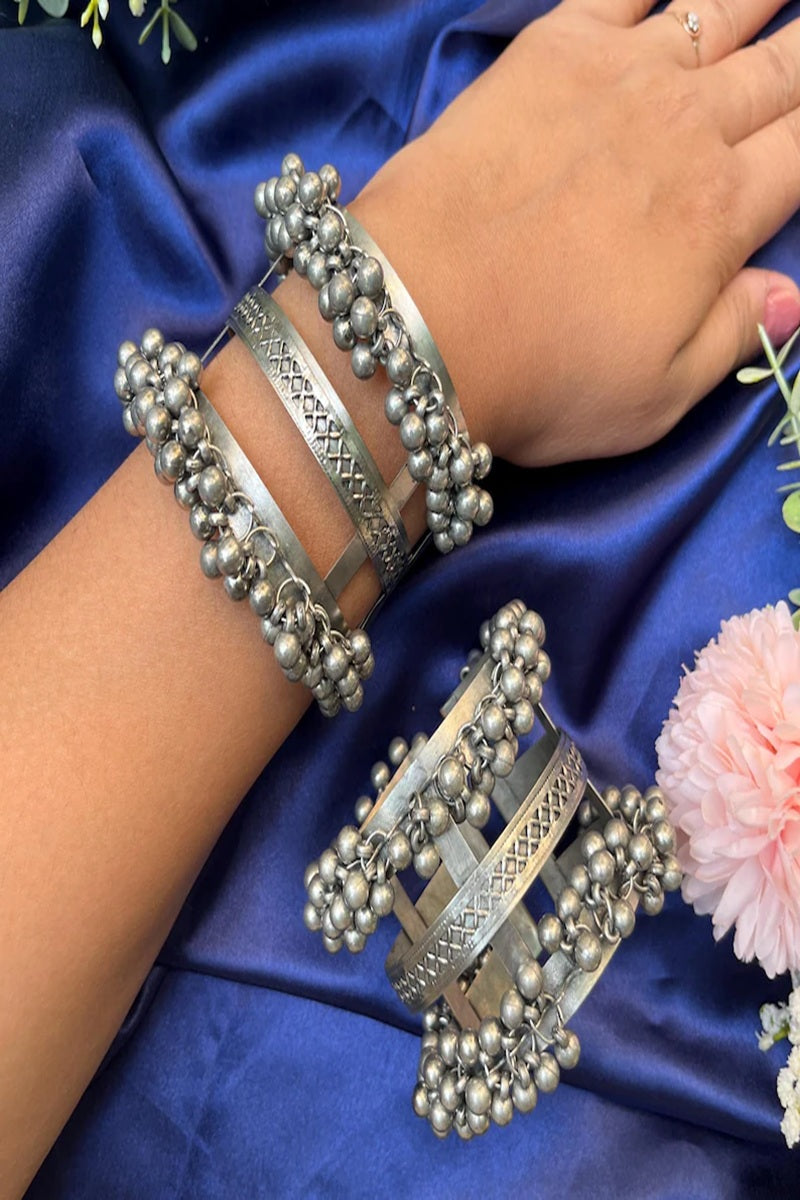 Vastrabhushan Oxidized Ghungroo Cuff Bangle: Adjustable Boho Tribal Bracelet - Dista