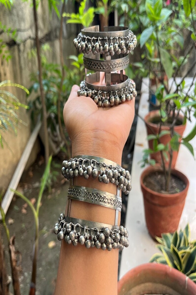 Vastrabhushan Oxidized Ghungroo Cuff Bangle: Adjustable Boho Tribal Bracelet - Dista