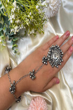Thumbnail for Vastrabhushan Oxidized Silver Ghungroo Hand Harness: Indian Boho Haathphool Bracelet - Dista