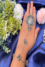 Thumbnail for Vastrabhushan Oxidized Silver Ghungroo Hand Harness: Indian Boho Haathphool Bracelet - Dista